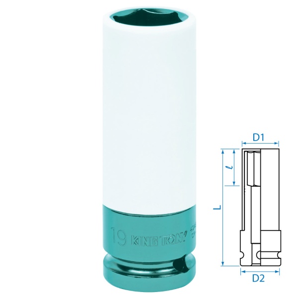 Головка торцевая ударная глубокая, 19 мм, тонкостенная, пластиковая защита KING TONY 494519M