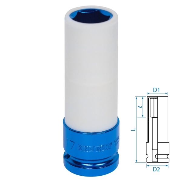 Головка торцевая ударная глубокая, 17 мм, тонкостенная, пластиковая защита KING TONY 494517M